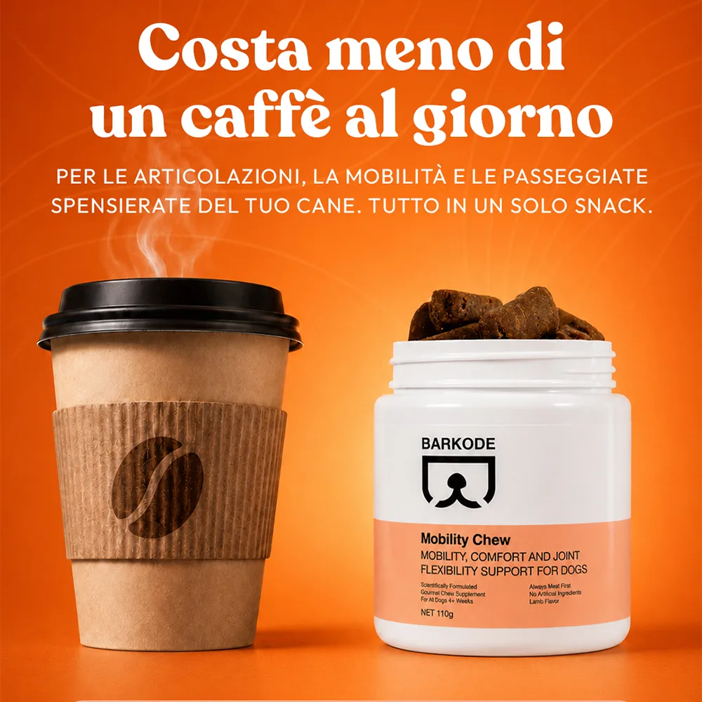 Un barattolo di Mobility Chew accanto a una tazza di caffè