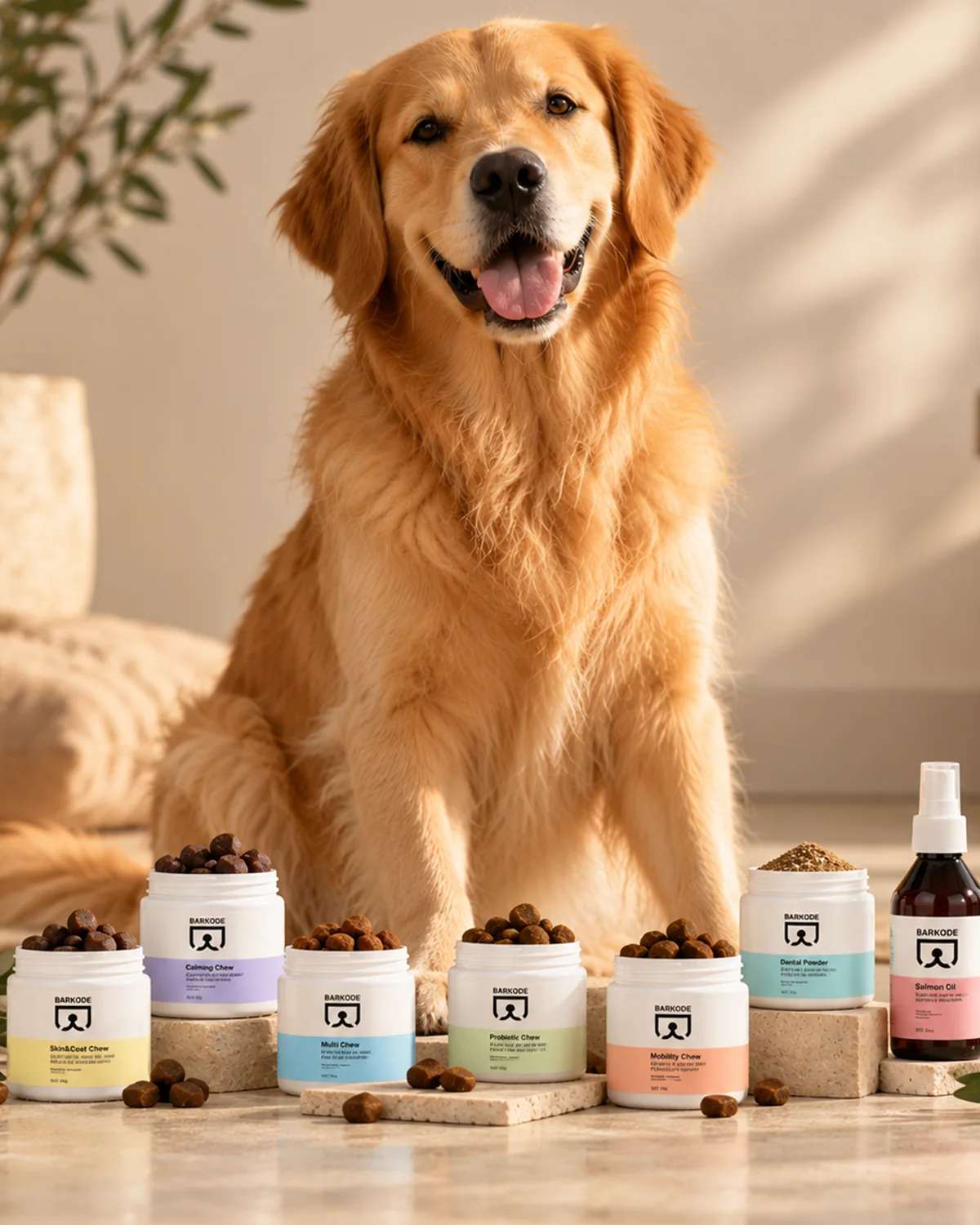 Golden retriever seduto dietro l'intera gamma di barattoli Barkode