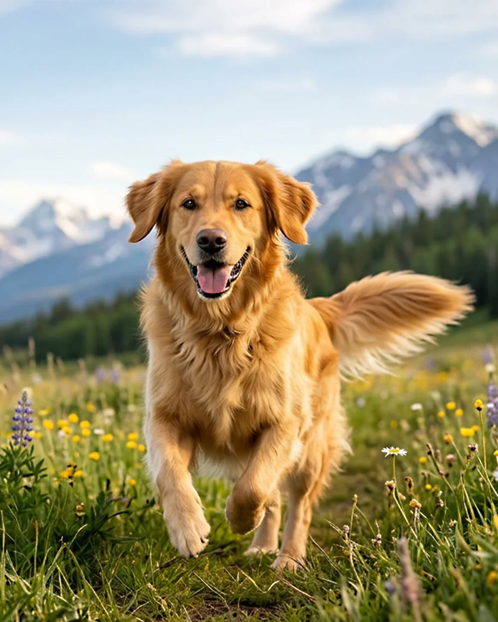Golden retriever che corre felice su un prato di montagna