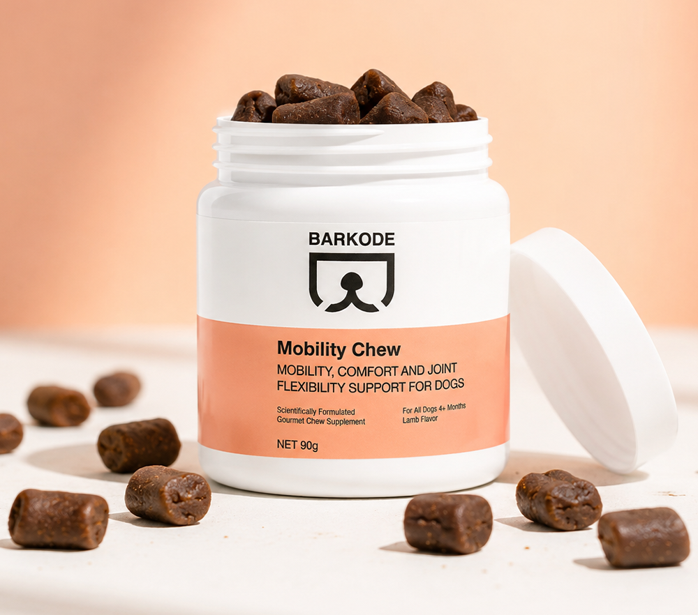 Un barattolo di BARKODE Mobility Chew con snack morbidi