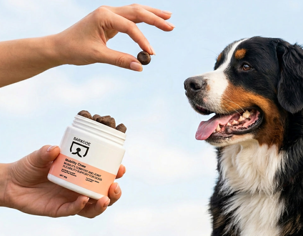 Un cane prende dalla mano un morbido snack BARKODE Mobility